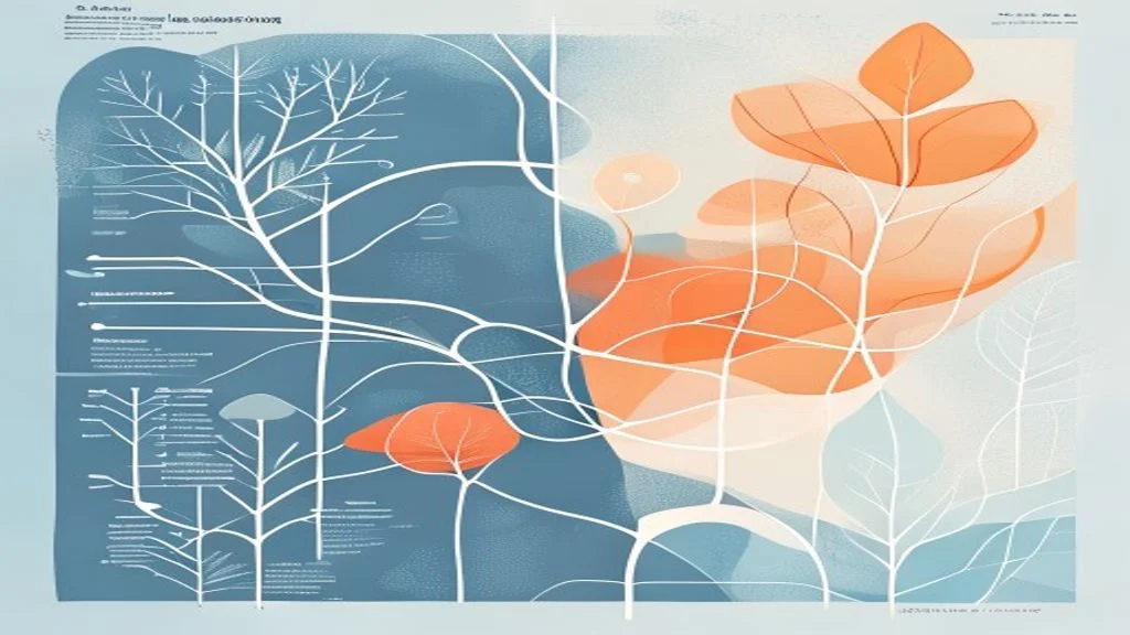 Minimalist schematic diagram illustrating autonomic nervous system flow, soothing blue and soft orange colors, clean lines, organic and botanical background texture