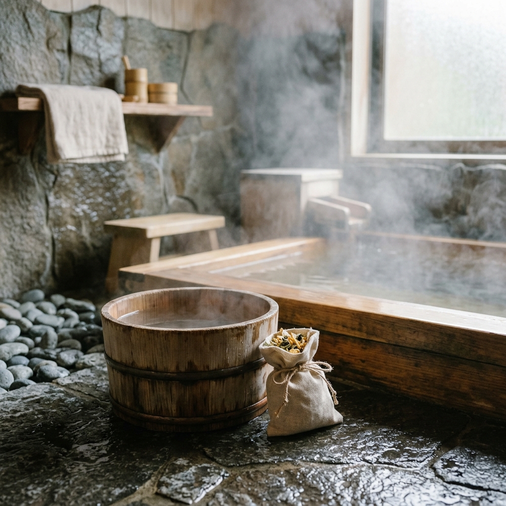 生薬がたっぷり入った入浴剤をお湯に入れ、蒸気とともに植物の香りが広がっている様子。