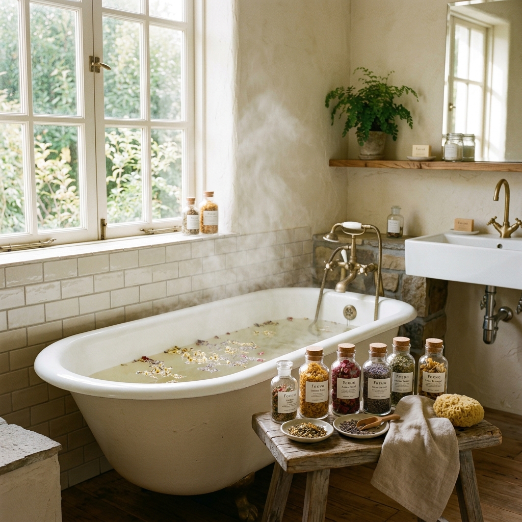 湯気が優しく立ち上るバスルーム、傍らにはガラス瓶に入った色とりどりの生薬やハーブが置かれている清潔感のある写真