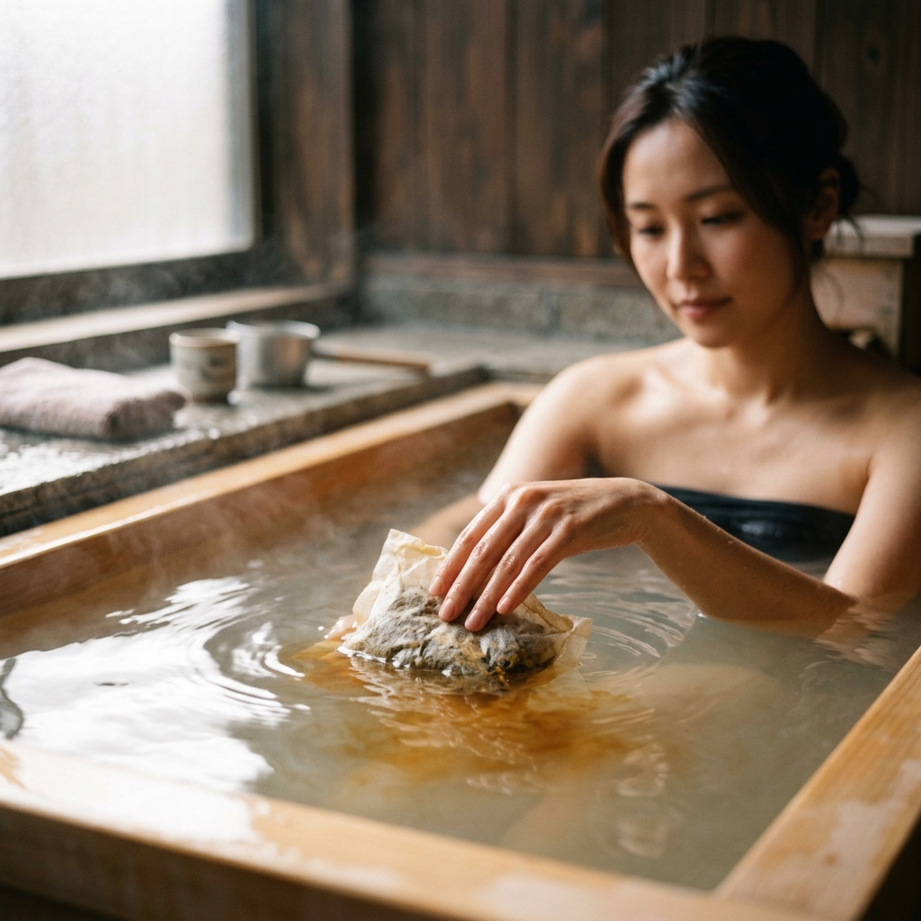 湯船に浮かぶ生薬のパックと、それを優しく揉み出す女性の指先。柔らかな光が水面を照らしている幻想的な写真