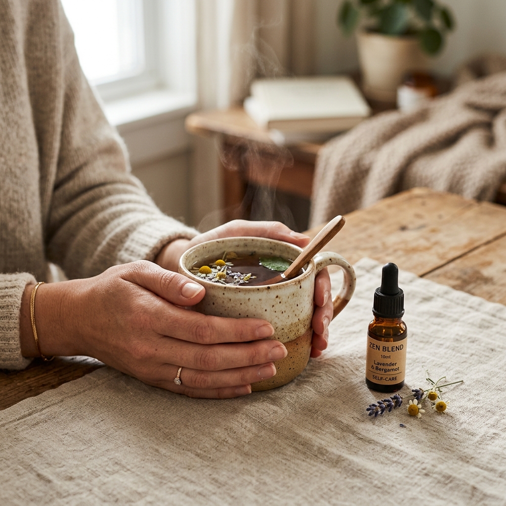 お風呂上がりに温かいハーブティーを飲みながら、自分を労わる時間。