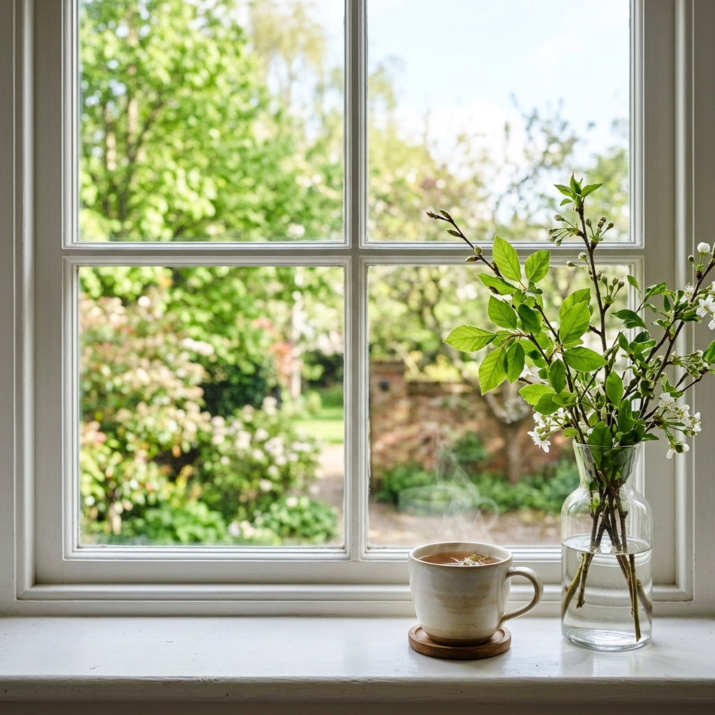 窓際でハーブティーを飲みながら、リラックスした表情で外を眺める穏やかな時間。